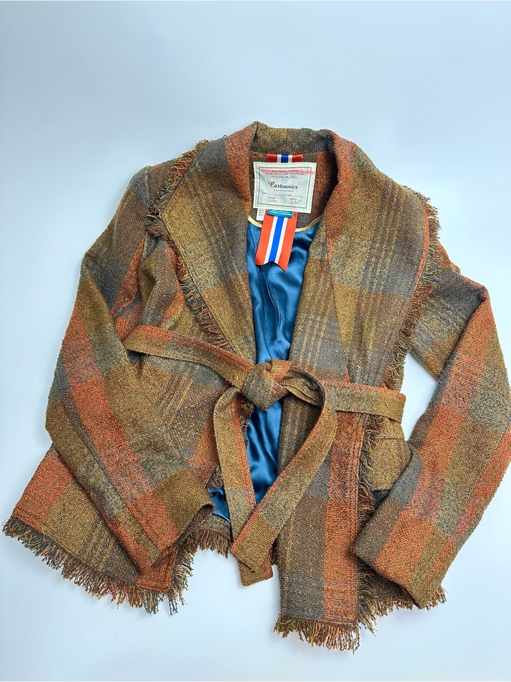 Cartonnier Anthropologie Women's Rust Plaid Fringe Belted Blazer Jacket